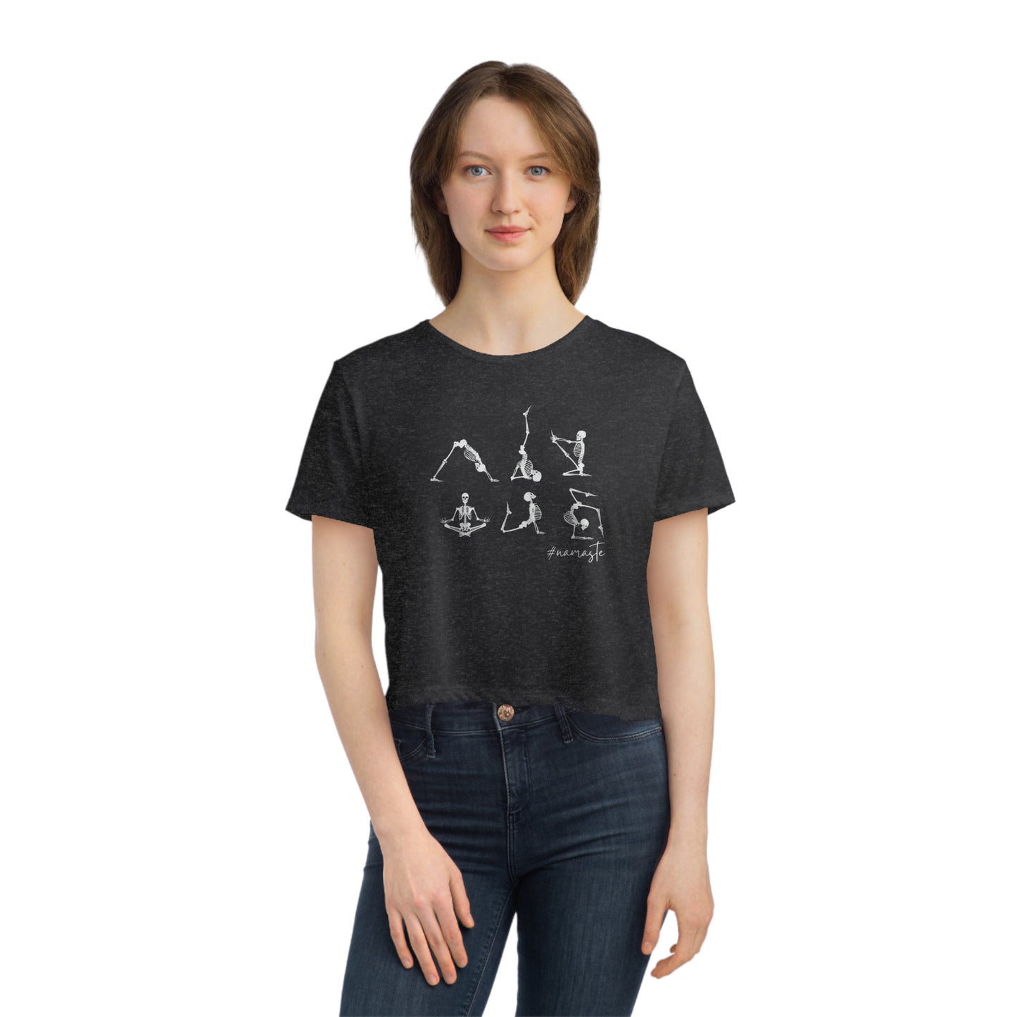 Skeleton yoga shirt Halloween yoga crop top Namaste clothes women T-shirt gift for her gift for him zen shirt Women's Flowy Cropped Tee