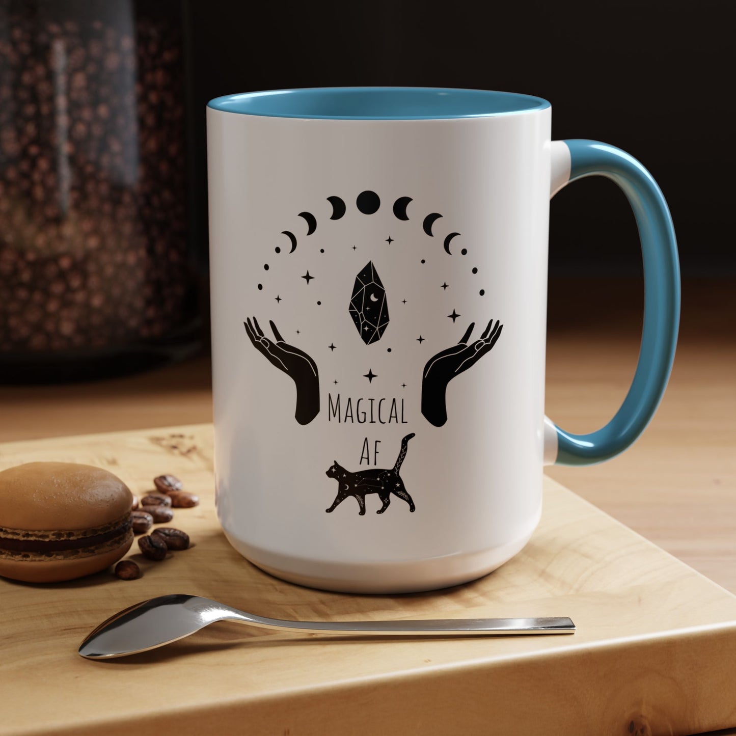 Magical Witchy Mug Moon Phases Black Cat Accent Coffee Cup (11, 15oz) Pagan Wiccan Kitchen Decor Halloween Gift Christmas gift for her,