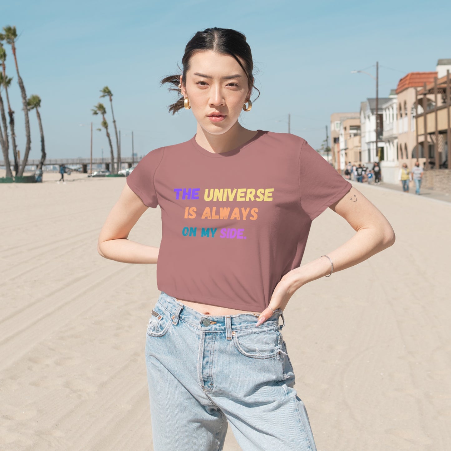 Spiritual shirt yoga crop top women T-shirt the universe is always on my side zen shirt Women's Flowy Cropped Tee