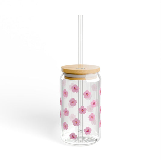 Pink floral sipper glass jar teacher drink floral glass Custom gift for her gift for teacher for mom for wife daughter bestie Sipper Glass