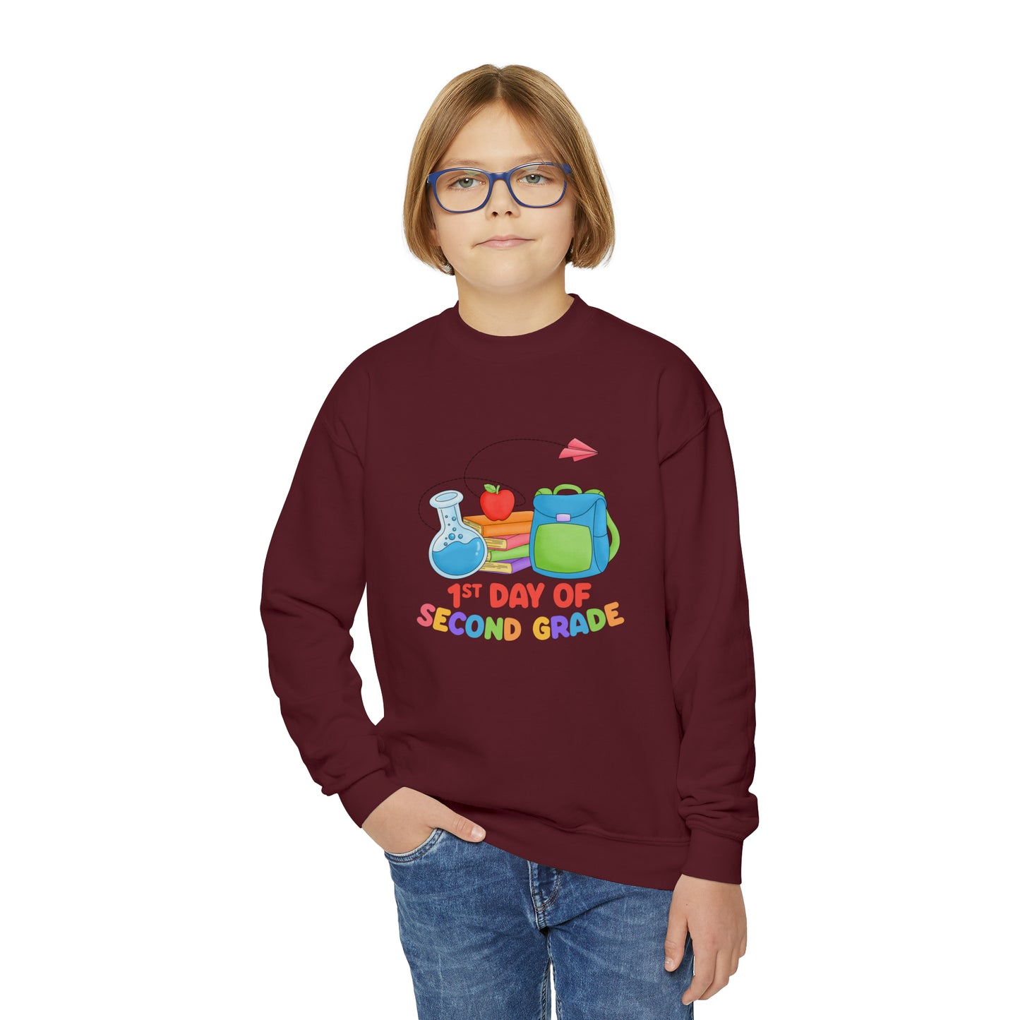 First day of school sweater second grade shirt elementary school style Youth Crewneck Sweatshirt