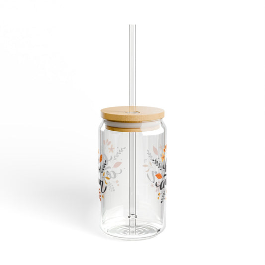 Hello Fall glass Autumn leaves mug sipper glass floral glass gift for her gift for teacher for mom bestie Sipper Glass