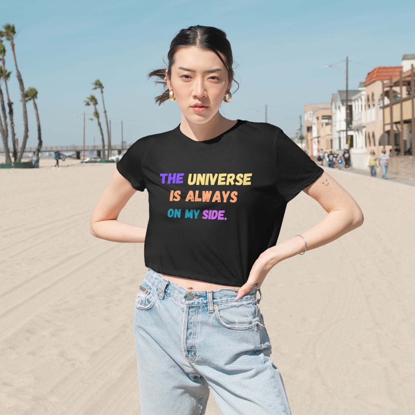 Spiritual shirt yoga crop top women T-shirt the universe is always on my side zen shirt Women's Flowy Cropped Tee